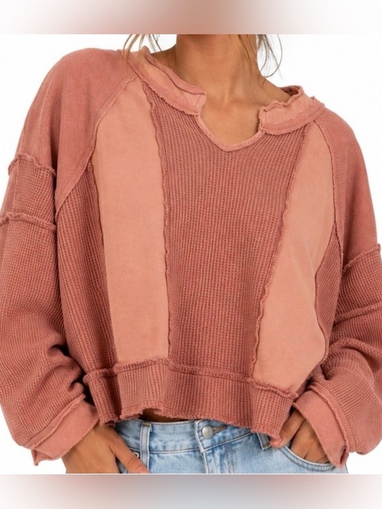 POL Tops - OVERSIZED POL Rust & Peach Waffle Knit Sweatshirt S
